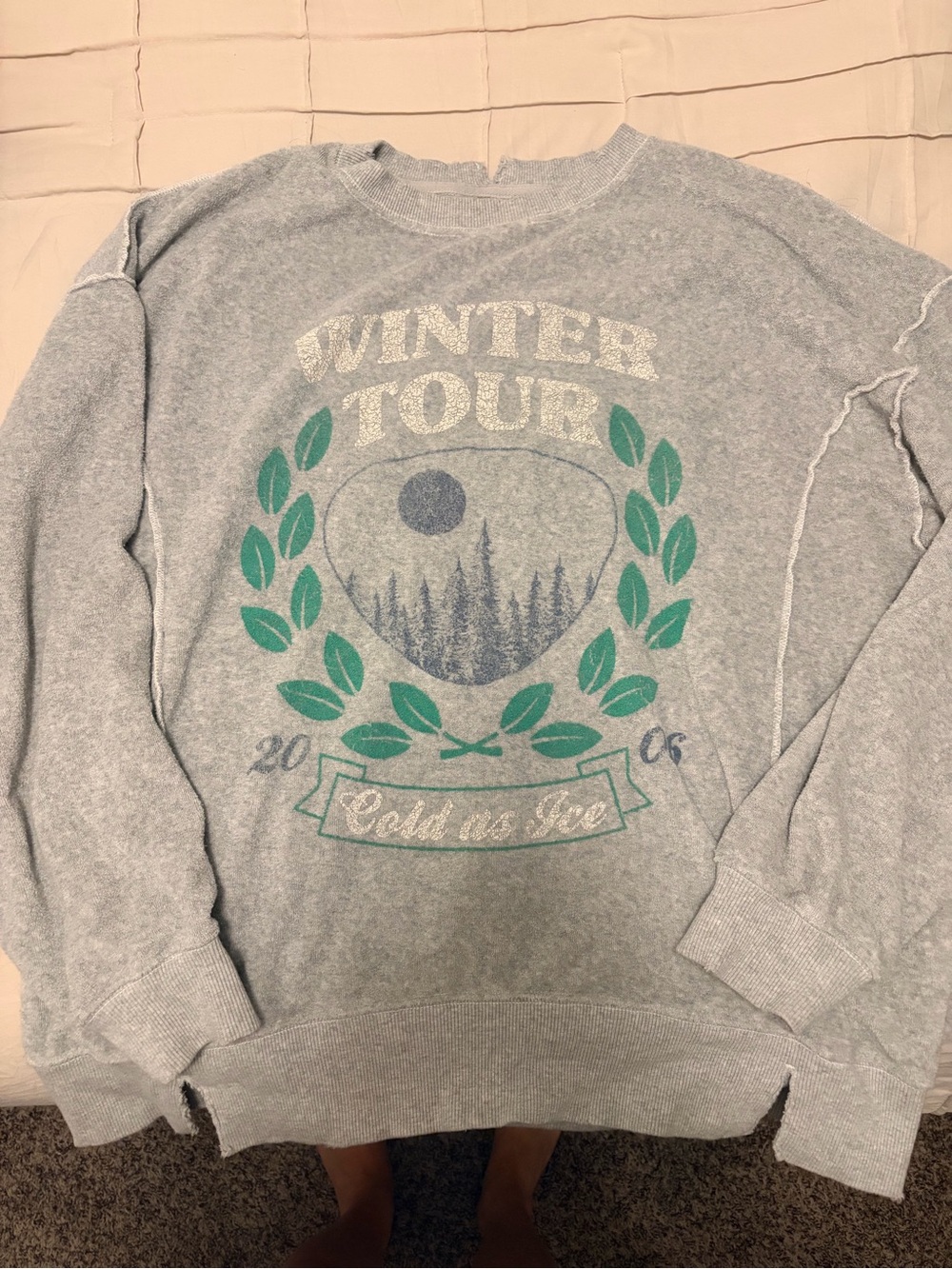 aerie Light Gray Crewneck with Green Laurel & Blue Forest Graphic